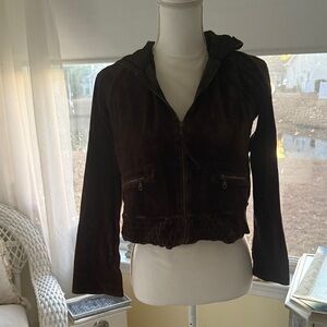 Chocolate brown cropped hoodie cotton blend zip front close Y2K jacket